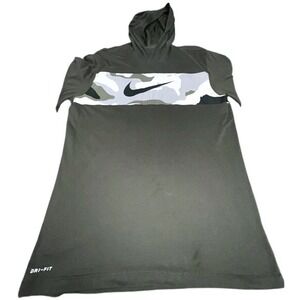 Nike Mens Dri-FIT Short Sleeve Hooded Shirt Olive Green Camo Swoosh Large